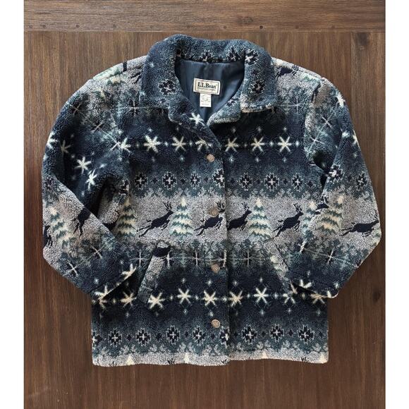 Vintage LL Bean Jacket Fleece Deep Pile Blue Reindeer USA Made 90s M - Picture 2 of 13